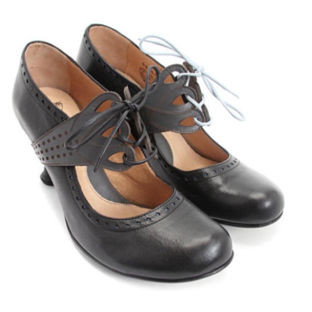John Fluevog Bellevue Mollie Johnson Black & Grey Lace Up Mary Jane Heels Size 9 - Picture 1 of 15